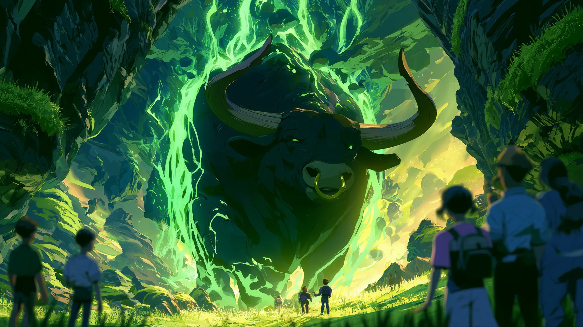 Builders walking toward a colossal bull wreathed in green fire at the mouth of a gorge